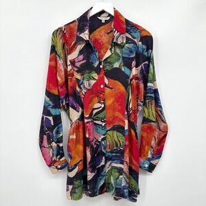 John Mark Tunic Top‎ Shirt Blouse Size Medium Artsy Watercolor Roll Tab Sleeves